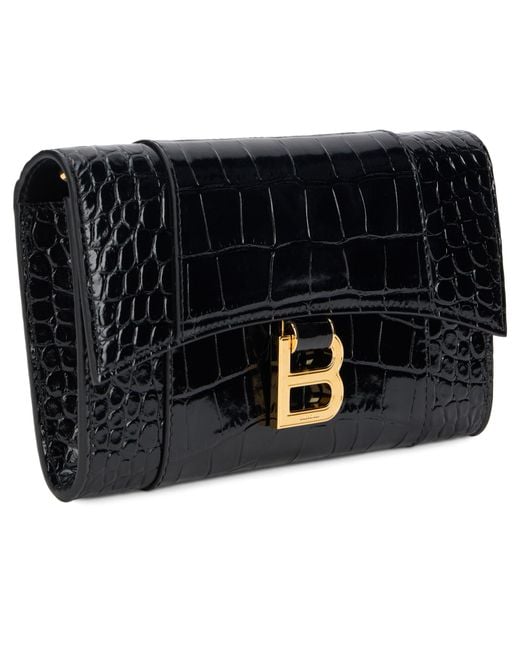 Balenciaga Black Mini Croc-Effect Flap Clutch With-Tone Detail