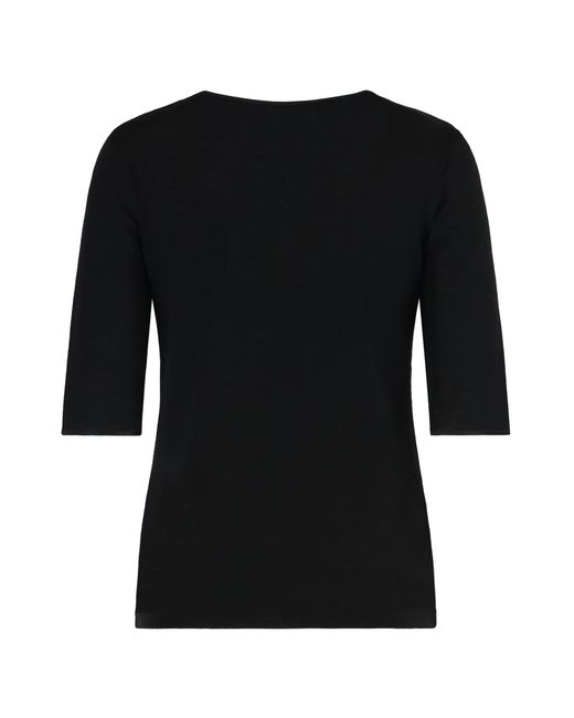 Vince Black Wool T-shirt With Elbow-length Sleeves And Satin Finishes
