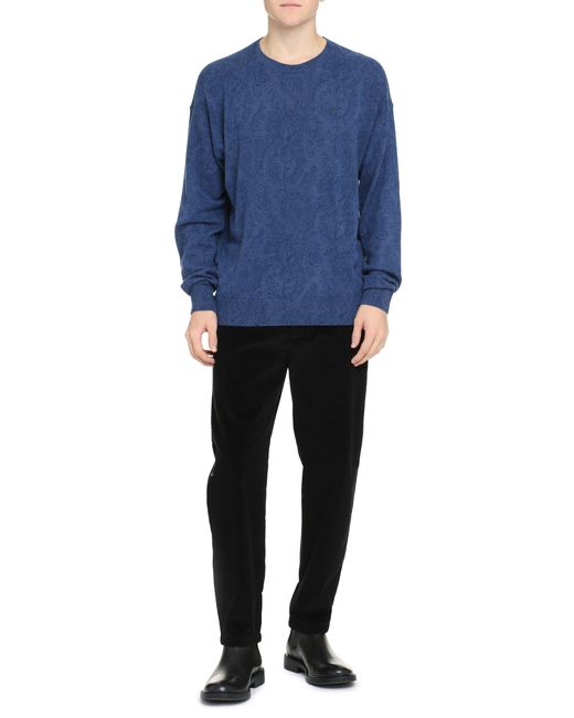 Etro Blue Stylish Wool Sweater For With Paisley Motif And Ribbed Edges for men