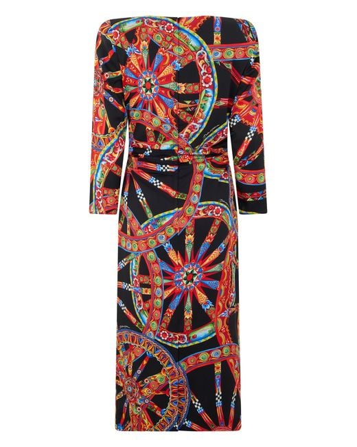 Dolce & Gabbana Red Long Dress With Long Sleeves And Graphic Pattern