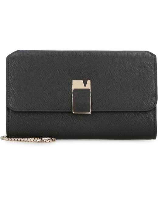 Valextra Black Nolo Leather Wallet On Chain