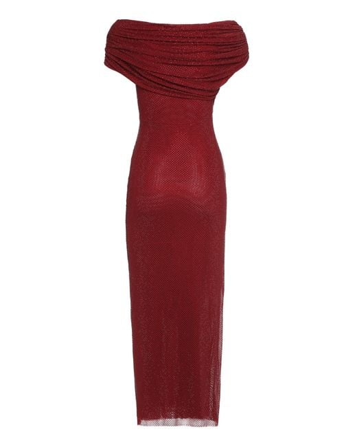 Self-Portrait Red Midi Dress With Draping And Rhinestones