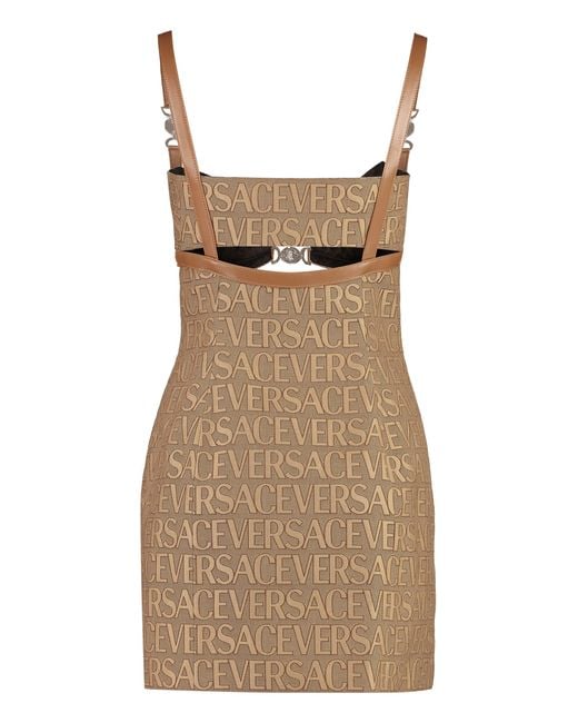 Versace Brown Versatile Monogram Mini Dress With Leather Trims