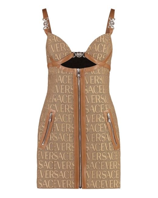 Versace Brown Versatile Monogram Mini Dress With Leather Trims