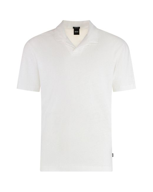 Boss White Cotton And Linen Polo Shirt for men