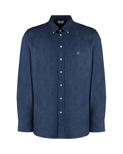 Etro Blue Button-Down Collar Cotton Shirt for men