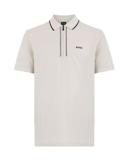 Boss White Cotton Polo With Zipper for men