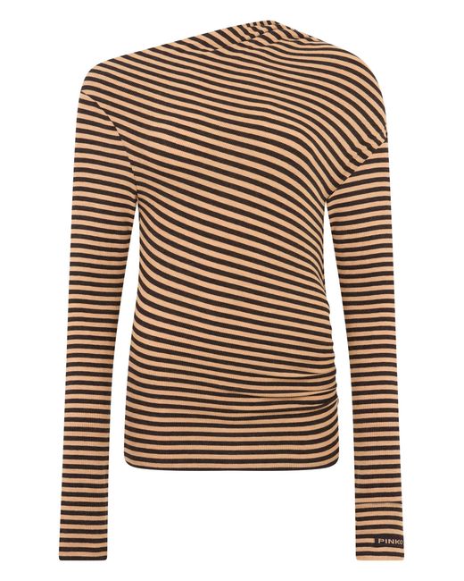 Pinko Brown Diagonal Stripe Wool-Blend Polo Sweater With Asymmetrical Neckline