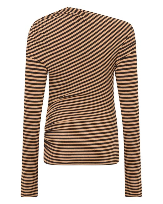 Pinko Brown Diagonal Stripe Wool-Blend Polo Sweater With Asymmetrical Neckline