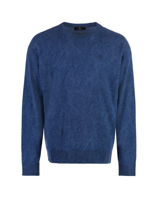 Etro Blue Stylish Wool Sweater For With Paisley Motif And Ribbed Edges for men