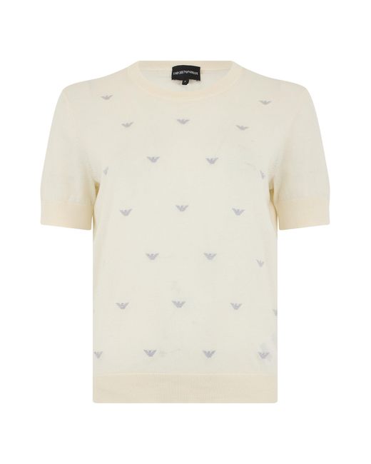 Emporio Armani White Short Sleeve Sweater With Eagle Embroidery