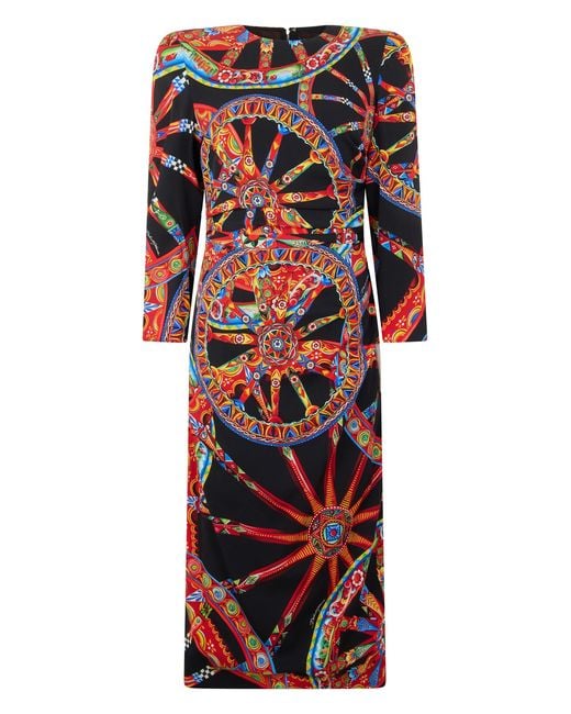 Dolce & Gabbana Red Long Dress With Long Sleeves And Graphic Pattern