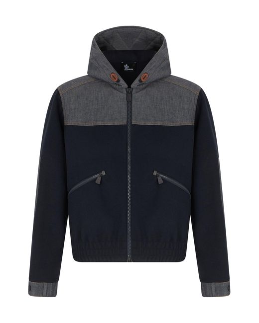Moncler Blue Sophisticated Bimaterial Hoodie With Zip for men