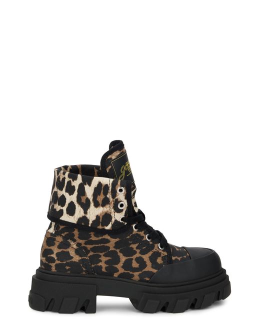 Ganni Black Leopard Print Ankle Boot With Sturdy Sole
