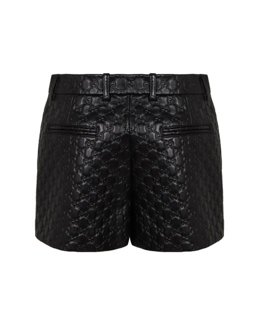 Gucci Black Leather Shorts With Gg Embossing