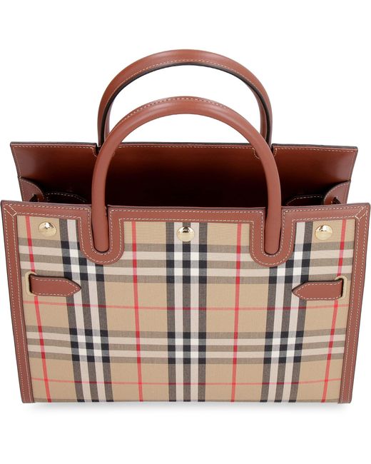 Burberry Title Bag In Leather And Vintage Check Fabric in Natural