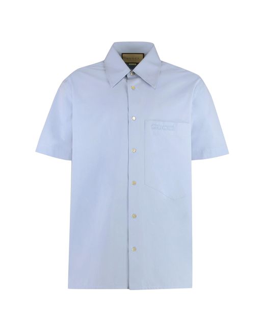 Gucci Blue Short Sleeve Cotton Shirt With Front Pocket And Side Slits for men