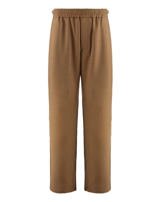 AMI Brown Elasticated Wool Twill Trousers for men