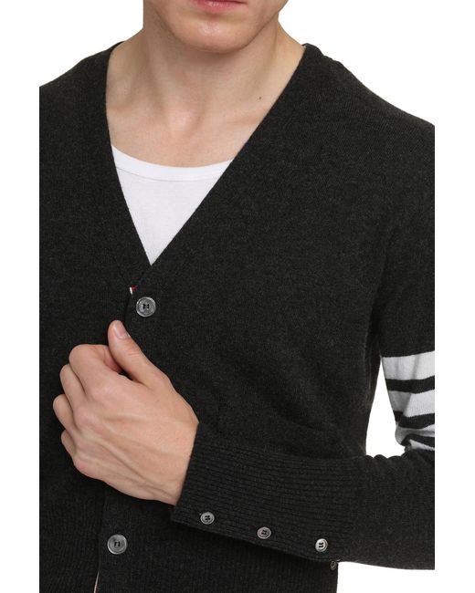 Thom Browne Black Cashmere Cardigan With Side Slits And Tricolor Detail For for men