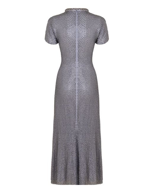 Self-Portrait Gray Midi Dress In Mesh With Rhinestones