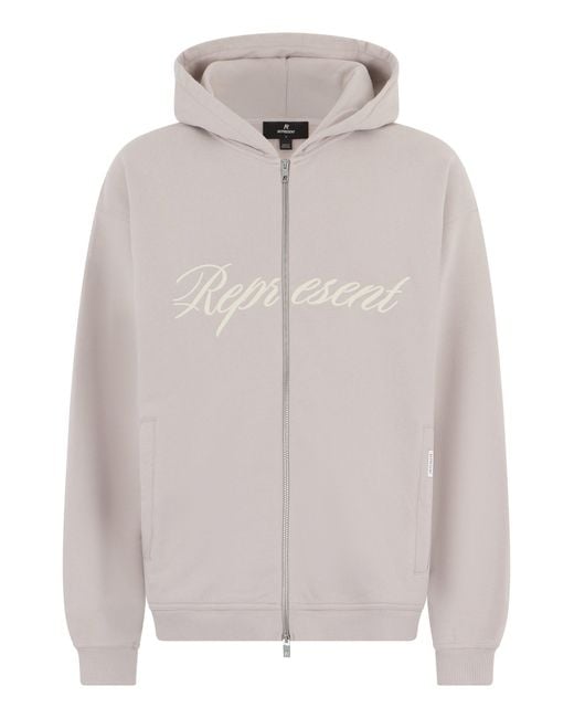 Represent White Hooded Script Logo Zip Sweatshirt for men