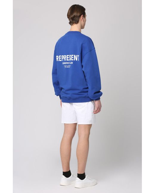 Represent Blue Cotton Crew-Neck Sweatshirt With Logo for men