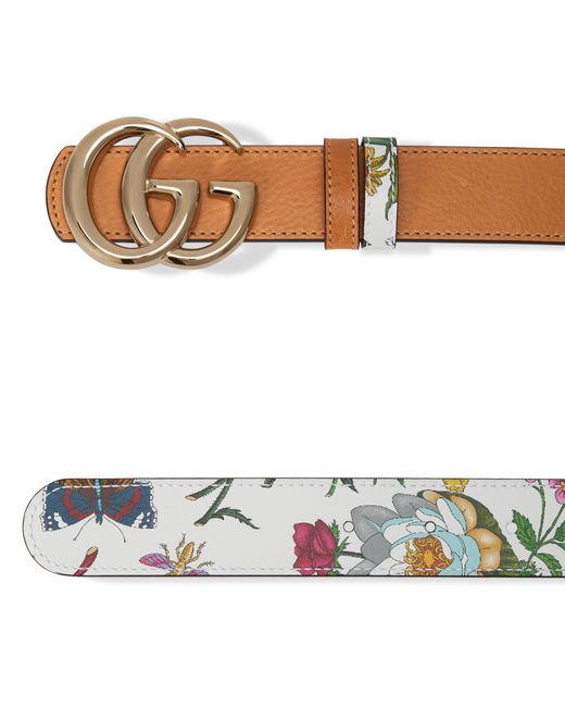 Gucci White Reversible Belt Gg Marmont With Flora Print