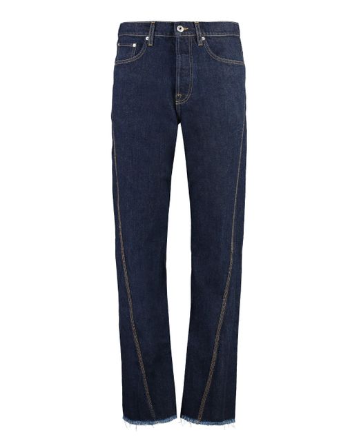 Lanvin Blue Denim Straight-Leg Jeans With Frayed Hem And Contrast Stitching for men