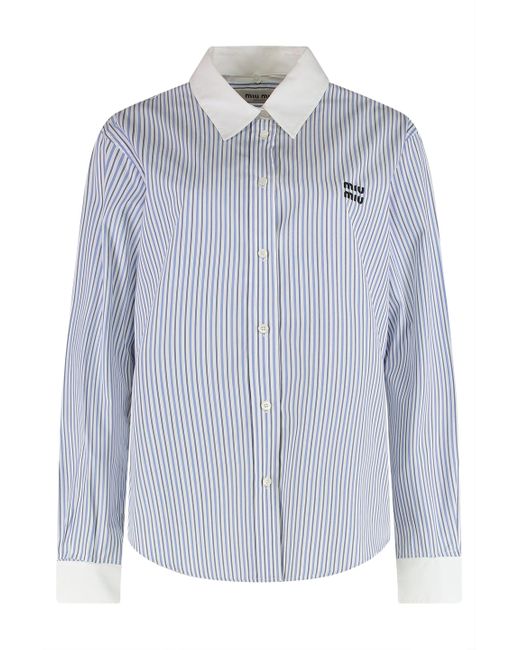 Camicia in cotone a righe di Miu Miu in Blue