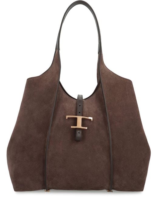 Tod's Brown T Timeless Media Suede Tote