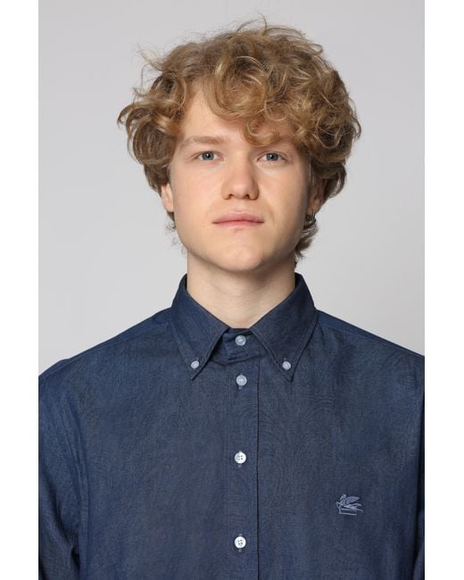Etro Blue Button-Down Collar Cotton Shirt for men