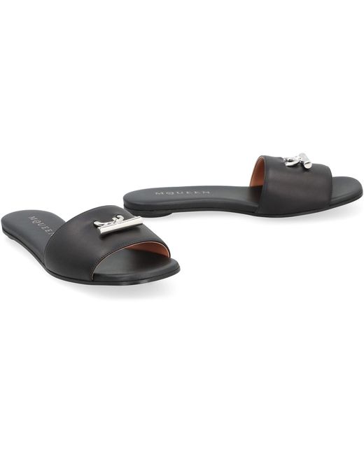 McQueen Black Leather Slides With Logo