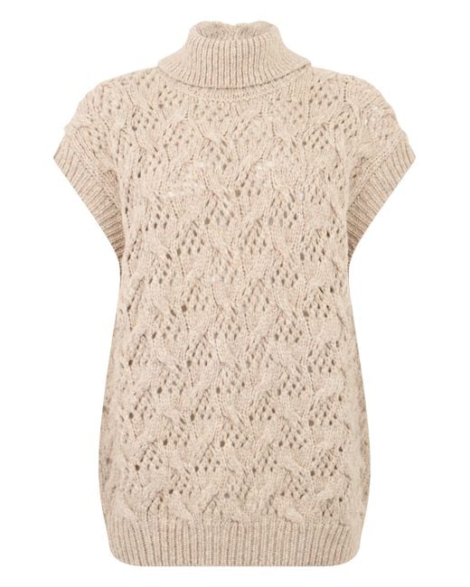 Peserico Natural Sweater Without Sleeves With Woven Pattern