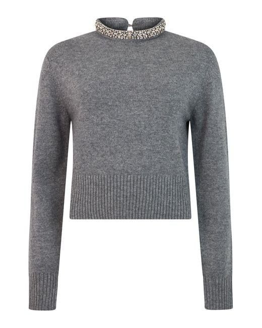 Pinko Gray Rhinestone-Collar Cropped Long-Sleeve Sweater