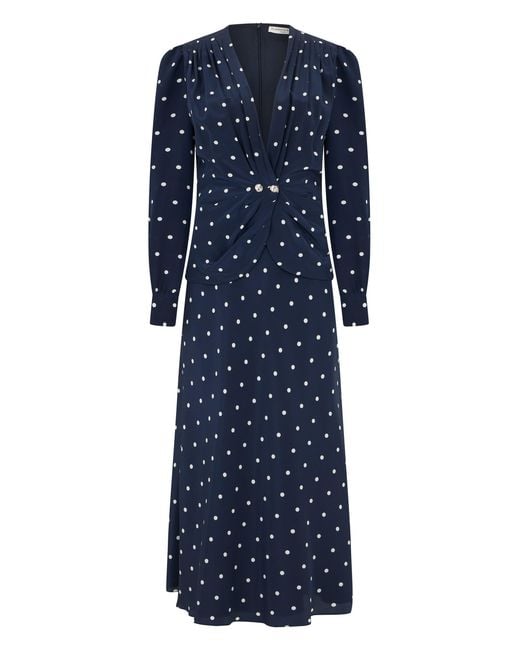 Alessandra Rich Blue Long Silk Dress With Polka Dots