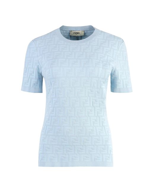 T-shirt in maglia con logo all-over di Fendi in Blue