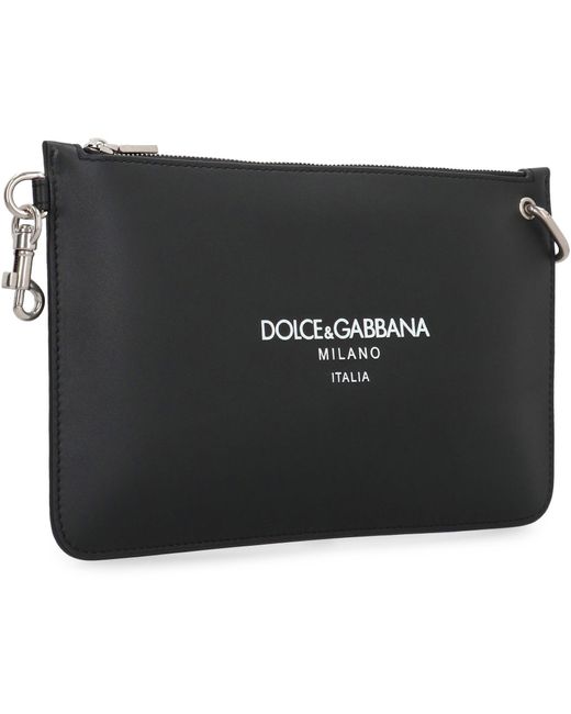 Dolce & Gabbana Black Premium Leather Flat Pouch Handbag for men