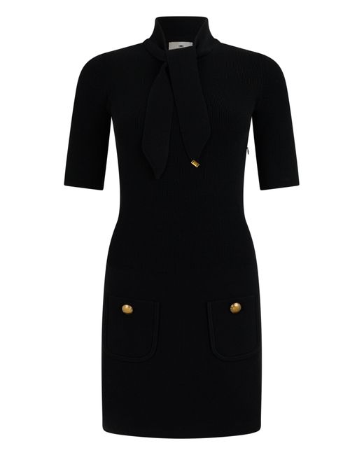 Elisabetta Franchi Black Mini Knit Dress With Removable Scarf