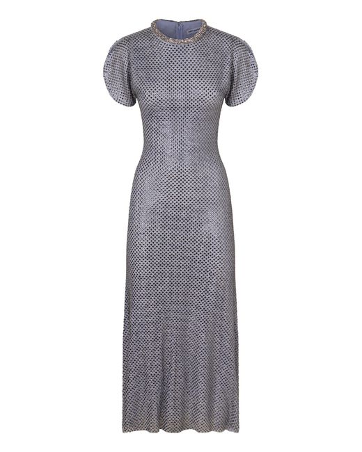 Self-Portrait Gray Midi Dress In Mesh With Rhinestones