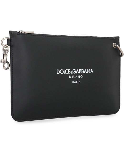 Dolce & Gabbana Black Premium Leather Flat Pouch Handbag for men