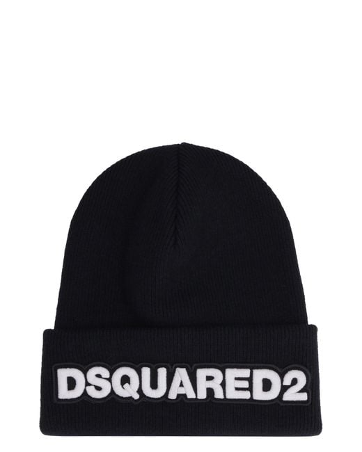 DSquared² Black Ribbed Knit Beanie for men
