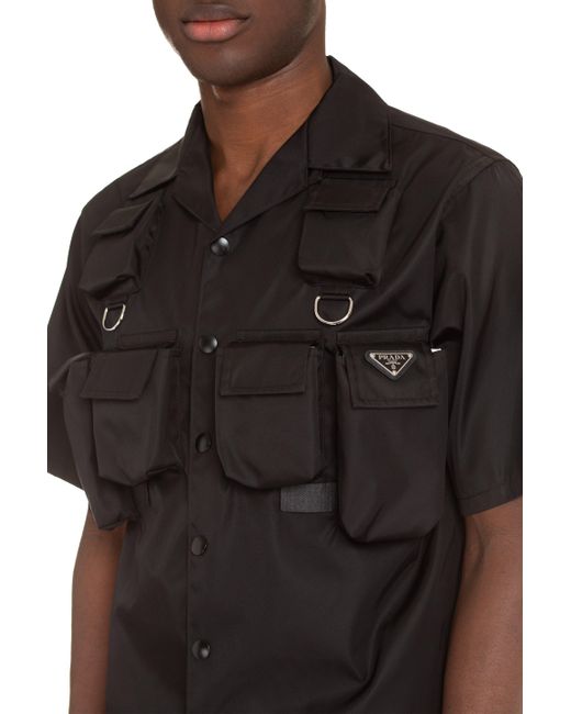 Camicia con applicazione di Prada in Black da Uomo