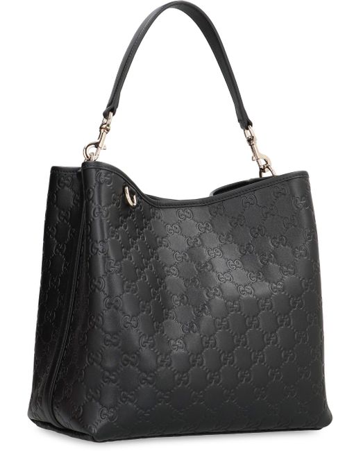 Gucci Black Gg Emblem Leather Bucket Bag