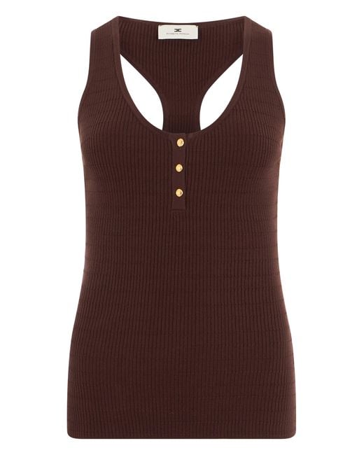 Elisabetta Franchi Brown Ribbed Knit Top With-Tone Button Detail