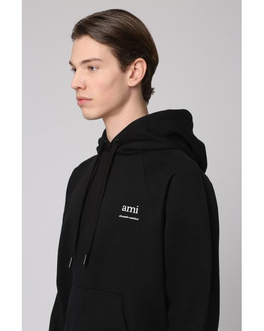 AMI Black Chest Logo Ribbed Hoodie for men