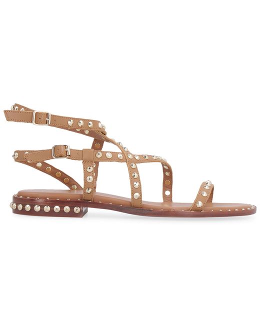 Ash Petra Studded Leather Flat Sandals in Brown - Lyst