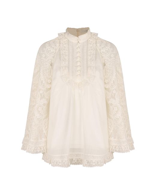 Zimmermann White Ruffled Ramie Blouse