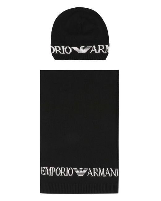 Emporio Armani Black Knit Beanie And Scarf Set for men