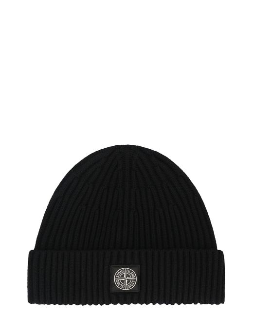 Stone Island Black Ribbed Wool Beanie for men