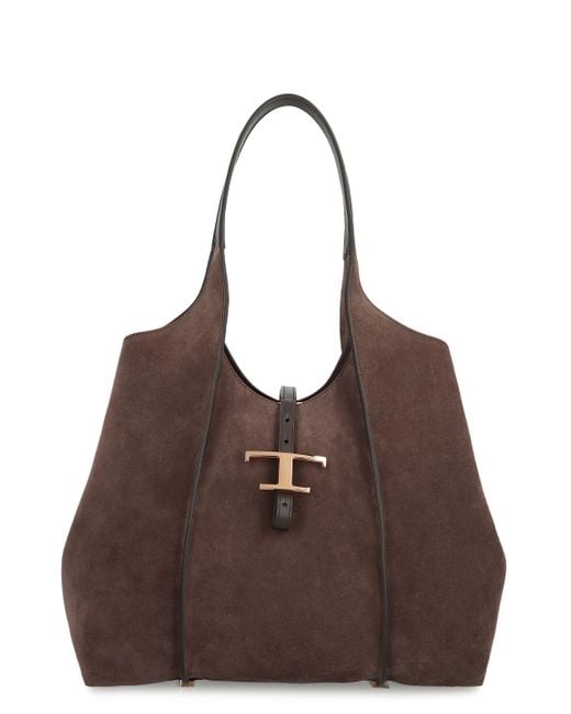 Tod's Brown T Timeless Media Suede Tote